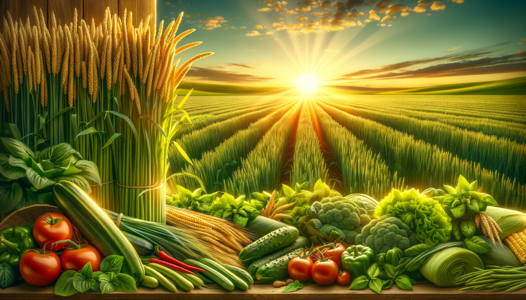 sunrise lighting healthy crops with authentic agricultural products on rich soil in foreground